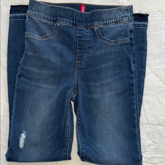 Spanx distressed pull-on skinny ankle jeans in a medium blue wash - Picture 2 of 6
